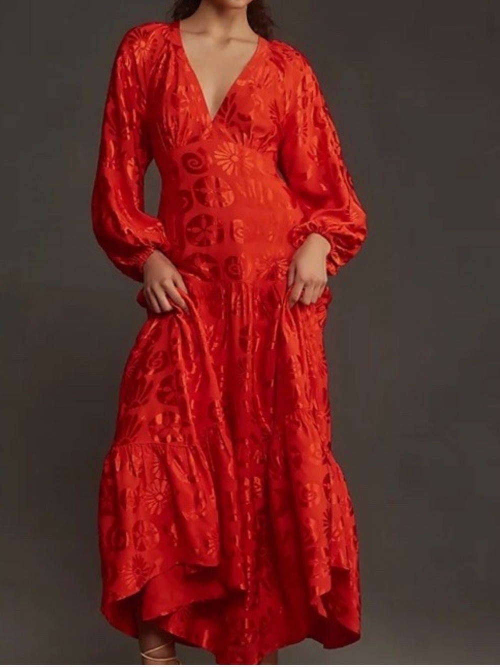 FARM Rio Red V-Neck Jacquard Long Sleeve Maxi Dress